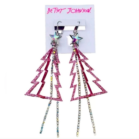 BETSEY JOHNSON Open Silver & Pink Crystal Strand Christmas Tree Dangle Earrings - Picture 2 of 3